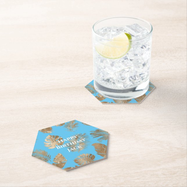 Aqua Blue Gold Tropical Leaves  Paper Coaster (Insitu)