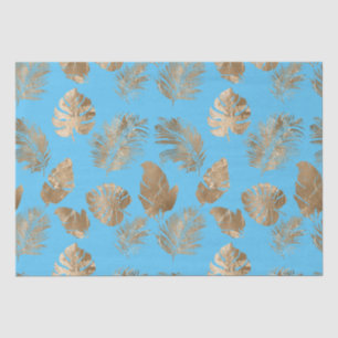 Aqua Blue Gold Tropical Leaves Tissue Paper