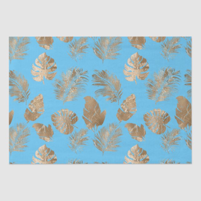 Aqua Blue Gold Tropical Leaves Tissue Paper (Front)