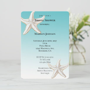 Aqua Blue Gold White Starfish Beach Bridal Shower Invitation