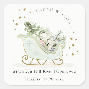 Aqua Blue Gold Winter Sleigh Christmas Address Square Sticker