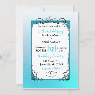Aqua Blue Gradient Black Script Wedding Invitation