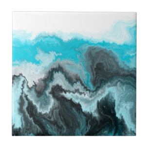 Aqua Blue Gray and Black Waves Abstract Modern Art Tile