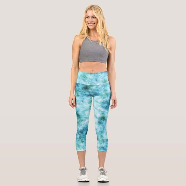 Aqua Blue Green Abstract Capri Leggings (Front)