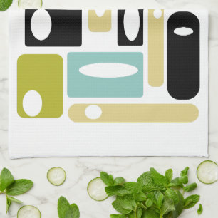 Aqua Blue Green Black Funky Rectangles Mid Century Tea Towel