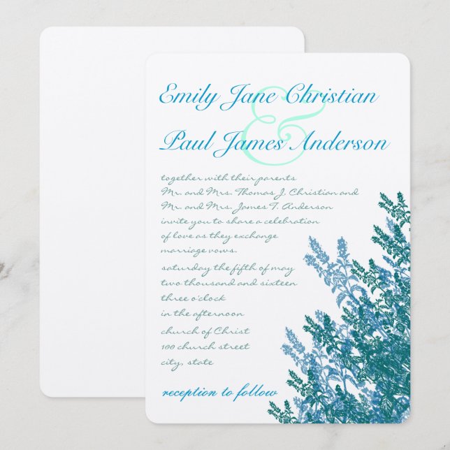 Aqua Blue Green Flowers Wedding Invitation (Front/Back)