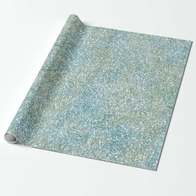Aqua Blue Green Glitzy Glitter Wrapping Paper (Unrolled)