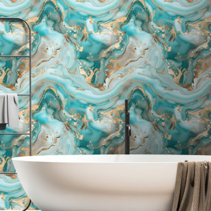 Aqua Blue Green Gold Marbled  Wallpaper