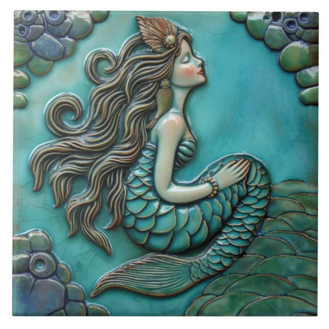 Aqua Blue Green Mermaid 3D Effect Tile (Front)