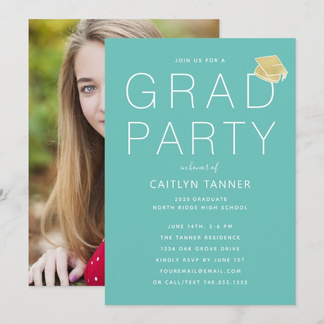 Aqua Blue-Green Modern Photo Graduation Party Invitation (Front/Back)