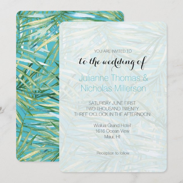 Aqua Blue Green Tropical Leaves Watercolor Wedding Invitation (Front/Back)