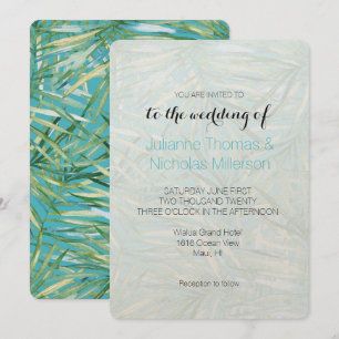Aqua Blue Green Tropical Leaves Watercolor Wedding Invitation