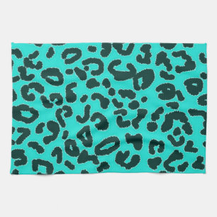 Aqua Blue-Green, Turquoise Leopard Animal Print Tea Towel