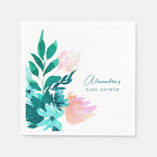 Aqua Blue Green Watercolor Floral Baby Shower Napkin (Front)