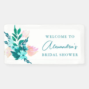 Aqua Blue Green Watercolor Floral Bridal Shower Banner