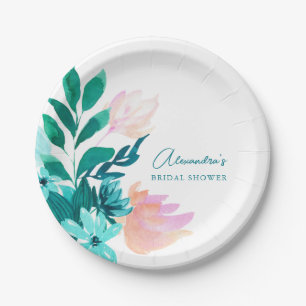 Aqua Blue Green Watercolor Floral Bridal Shower Paper Plate