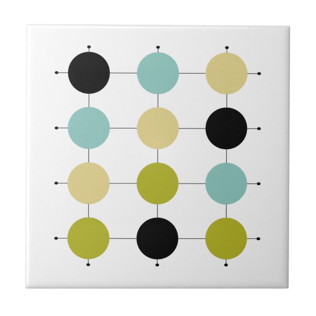 Aqua Blue Green Yellow Black Circles Mid Century Tile (Front)