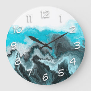 Aqua Blue Grey and Black Waves Abstract Modern Art Large Clock