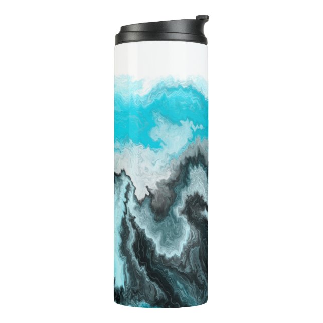 Aqua Blue Grey and Black Waves Abstract Modern Art Thermal Tumbler (Rotated Left)