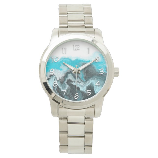 Aqua Blue Grey and Black Waves Abstract Modern Art Watch (Front)