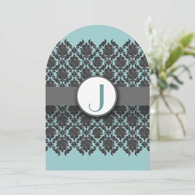 Aqua Blue Grey  Bevel Damask  Wedding Invitation (Standing Front)