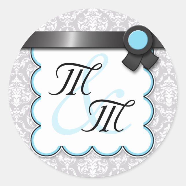 Aqua Blue & Grey Damask Double Monogram Stickers (Front)