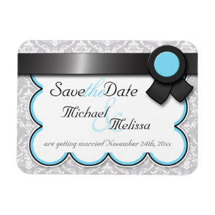 Aqua Blue & Grey Damask Save the Date flat Magnet