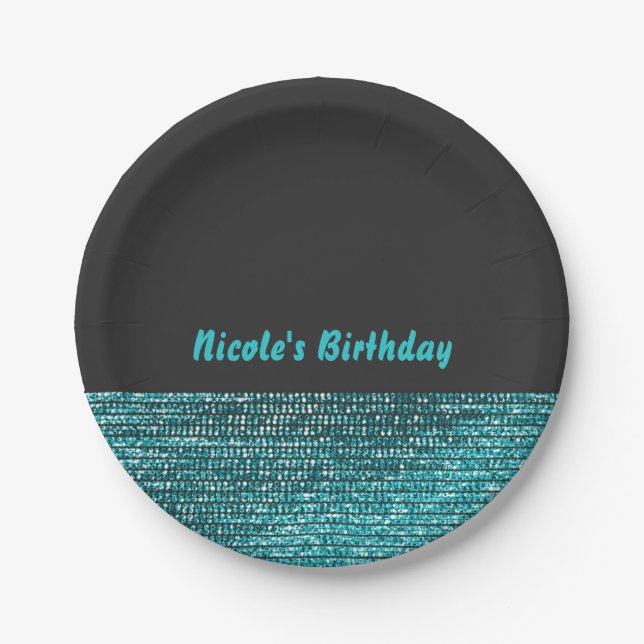 Aqua Blue & Grey Modern Glam Sequins Chic Party Paper Plate (Front)