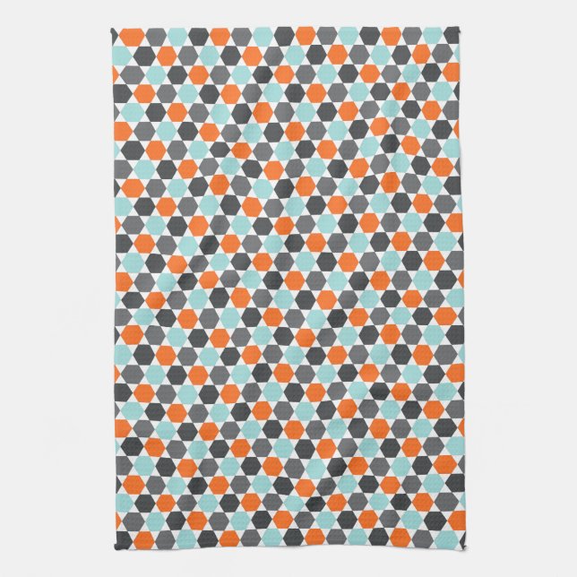 Aqua blue, grey, orange geometric hexagon pattern tea towel (Vertical)