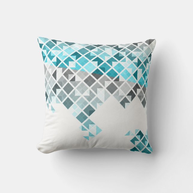 Aqua Blue, Grey & White Geometric Pattern Cushion (Front)