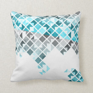Aqua Blue, Grey & White Geometric Pattern Cushion