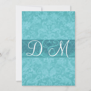 Aqua Blue Grunge Damask Wedding Invitation