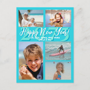 Aqua Blue Happy New Year Five Photo Postcard