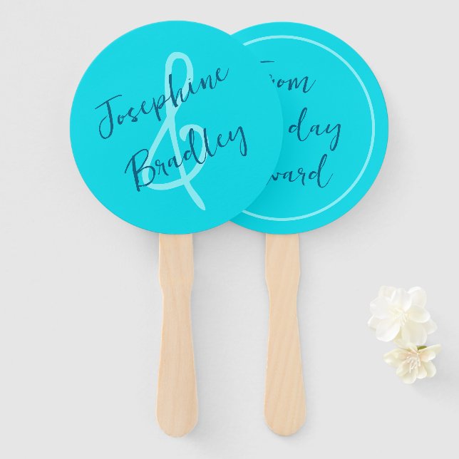 Aqua Blue Heart Shaped Wedding Fans (Front and Back)