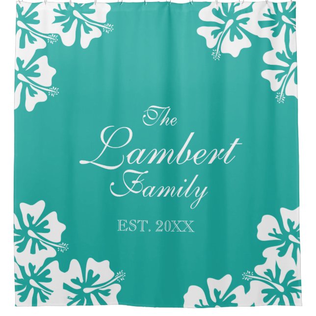 Aqua blue Hibiscus flower floral shower curtain (Front)