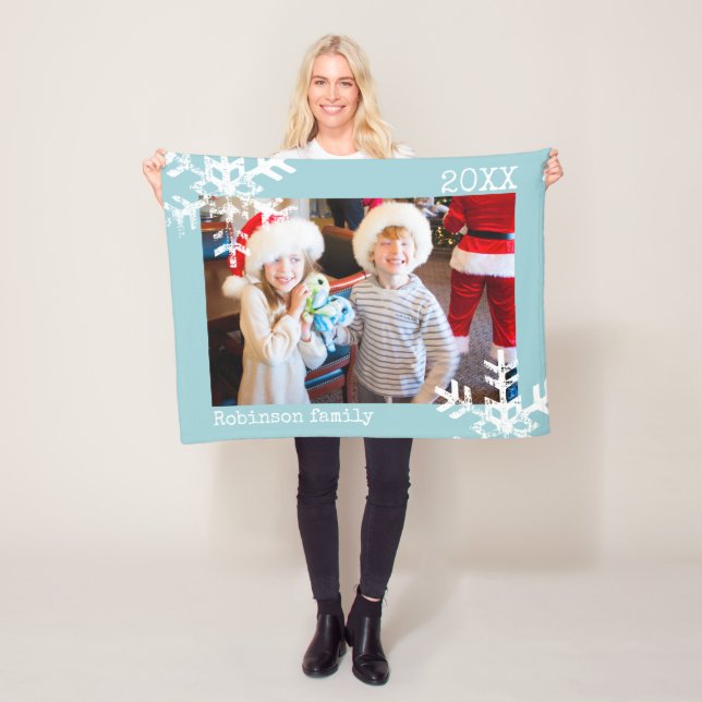 Aqua Blue Holiday Photo Distressed Snowflakes Fleece Blanket (In Situ)
