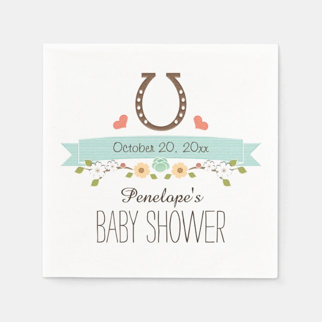 Aqua Blue Horseshoe Western Baby Boy Shower Napkin (Front)