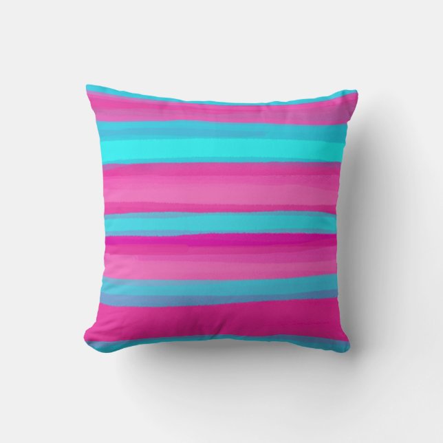 Aqua Blue Hot Pink Stripes Cushion (Front)