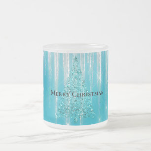 Aqua Blue Icicles Sparkle Christmas Tree Frosted Glass Coffee Mug