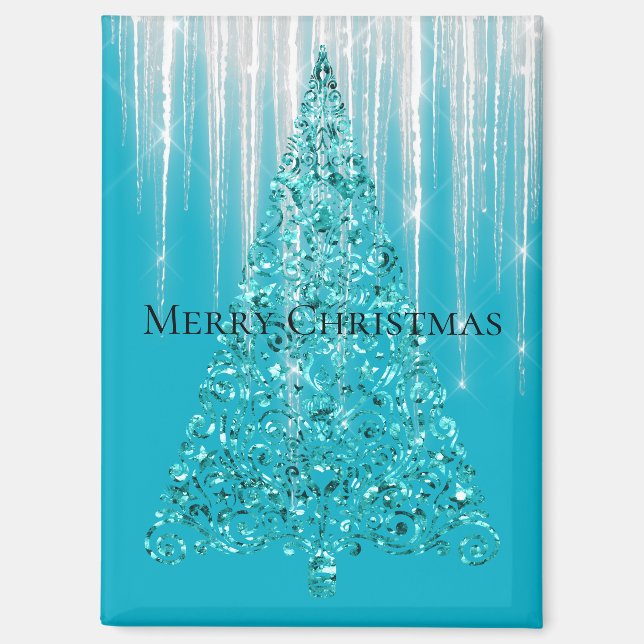 Aqua Blue Icicles Sparkle Christmas Tree Magnet (Front)