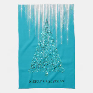 Aqua Blue Icicles Sparkle Christmas Tree Tea Towel