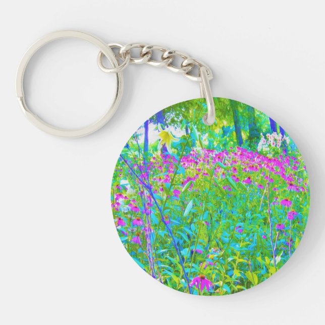 Aqua Blue Impressionistic Garden Landscape Key Ring (Front)