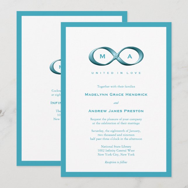 Aqua Blue Infinity Hand Clasp Wedding Invite (Front/Back)