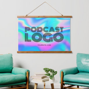 Aqua Blue Iridescent Rainbow Modern Podcast Logo Hanging Tapestry