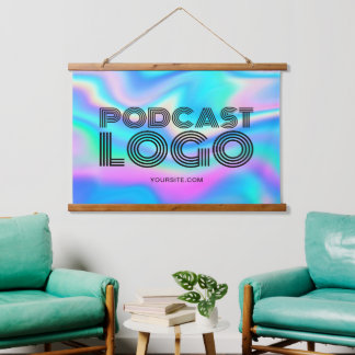Aqua Blue Iridescent Rainbow Modern Podcast Logo Hanging Tapestry