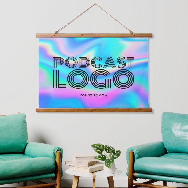 Aqua Blue Iridescent Rainbow Modern Podcast Logo Hanging Tapestry (Living Room)