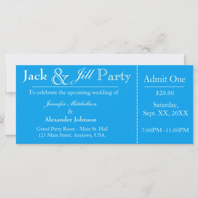 Aqua Blue Jack and Jill Shower Ticket Invitation (Front)