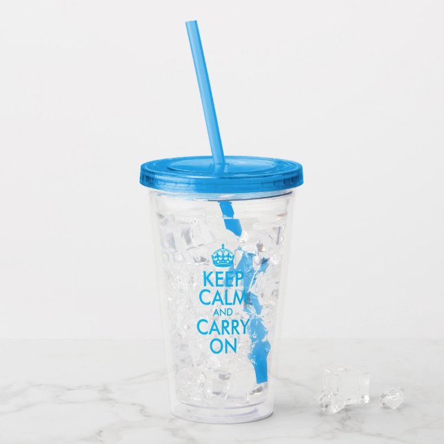 Aqua Blue Keep Calm and Carry On Acrylic Tumbler (Front Ice)