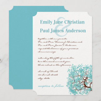 Aqua Blue Leaves Brown Tree Wedding Invitation