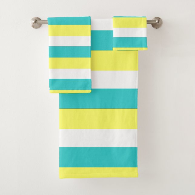 Aqua Blue, Lemon Yellow and White Stripes Bath Towel Set (Insitu)